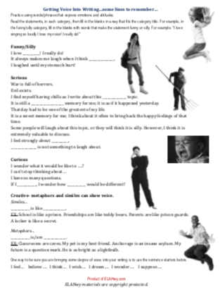 six traits voice worksheets grade 9