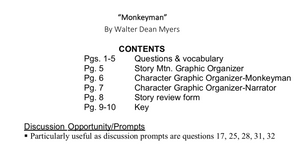 workbook for “Monkeyman” by Walter Dean Myers.