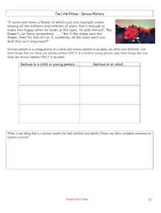 The Little Prince BIG Pack: 68 pgs. of tests, chapter questions, graphic organizers, writing activities...