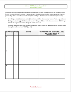 Fever, 1793: Post-Reading Character Activity/Graphic Organizer